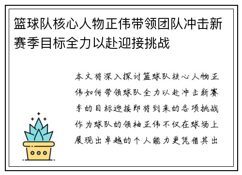 篮球队核心人物正伟带领团队冲击新赛季目标全力以赴迎接挑战